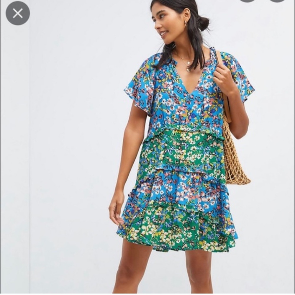 ANTHROPOLOGIE Robin tiered mini sundress floral somerset dress spring summer XS